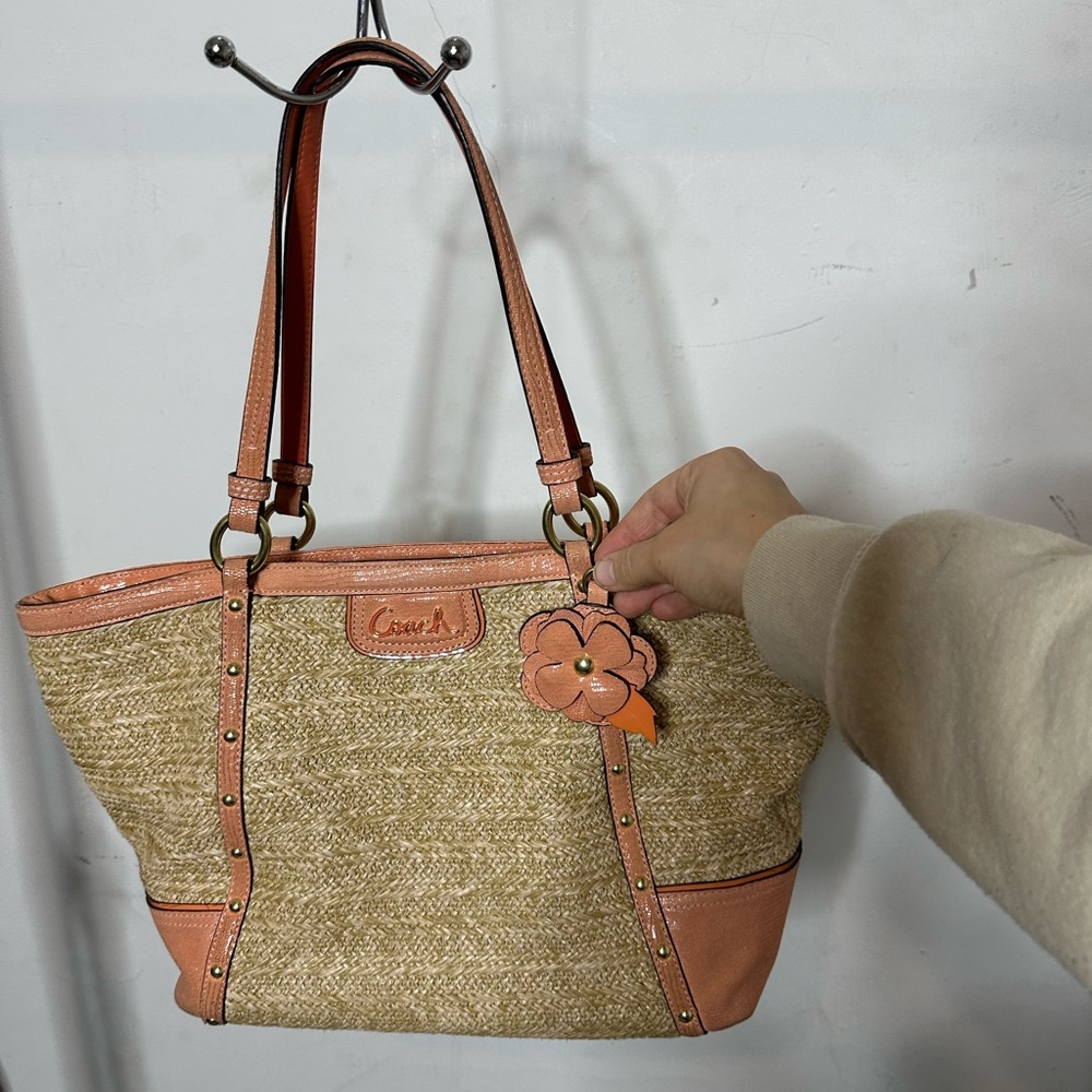 Coach Alexandra Studded Beige Coral Straw Patent Leather Tote